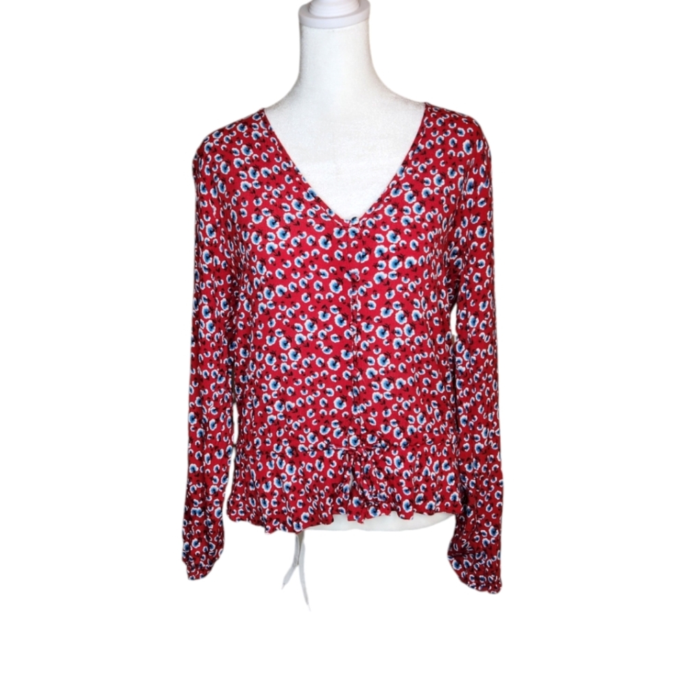 Rails Beaux Red Floral Clinch Peplum Peasant Floral Top Size Small